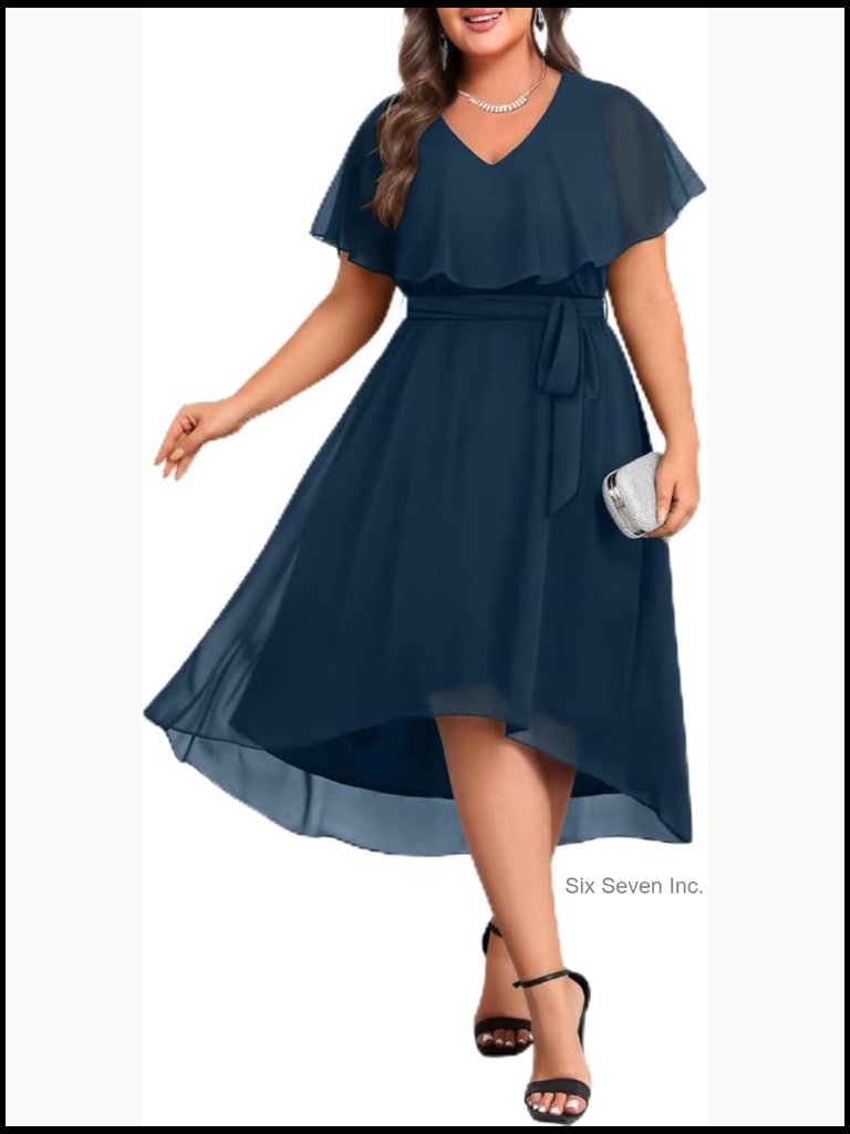 Plus Size Chiffon V-Neck High Low Ruffle Dress For Wedding Guest Cocktail